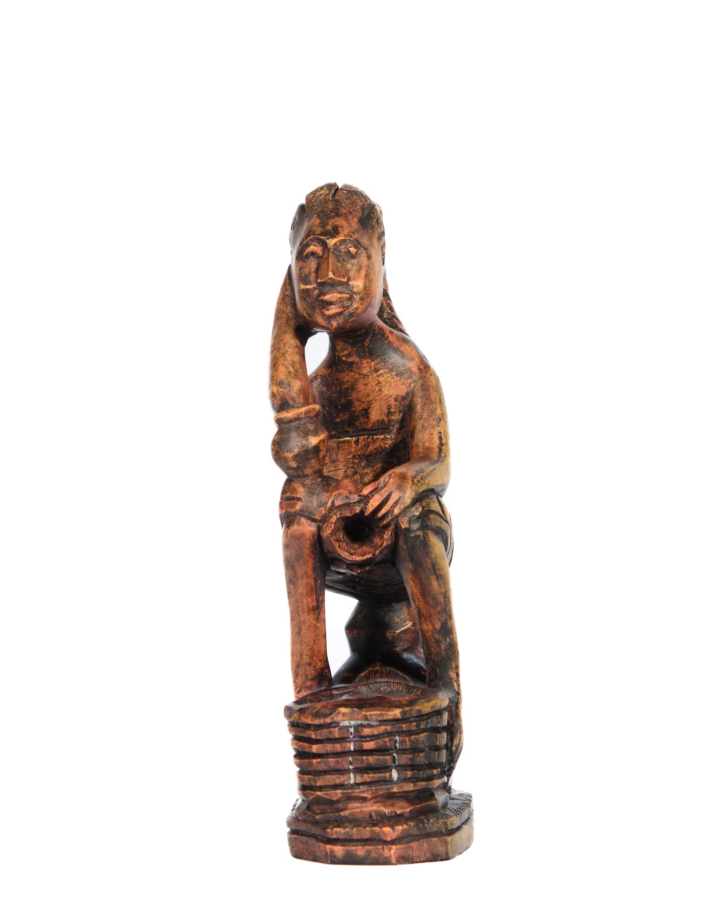 Hand Carved Sitting Man with Basket Statue (shelf 4)