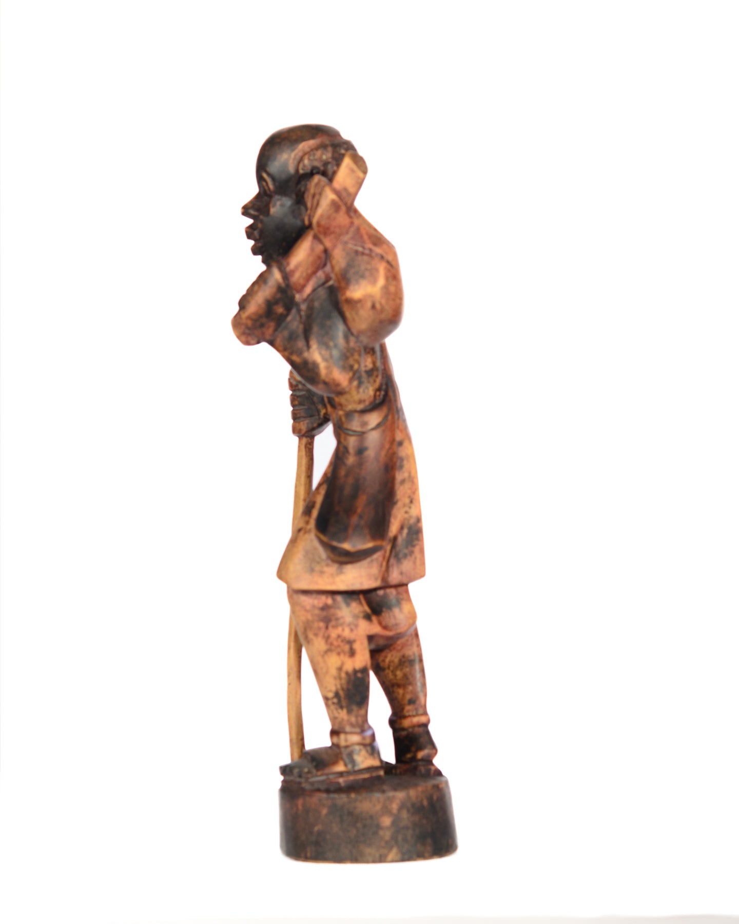 Hand Carved Village Man Hunter w/Walking stick Statue (shelf 4)
