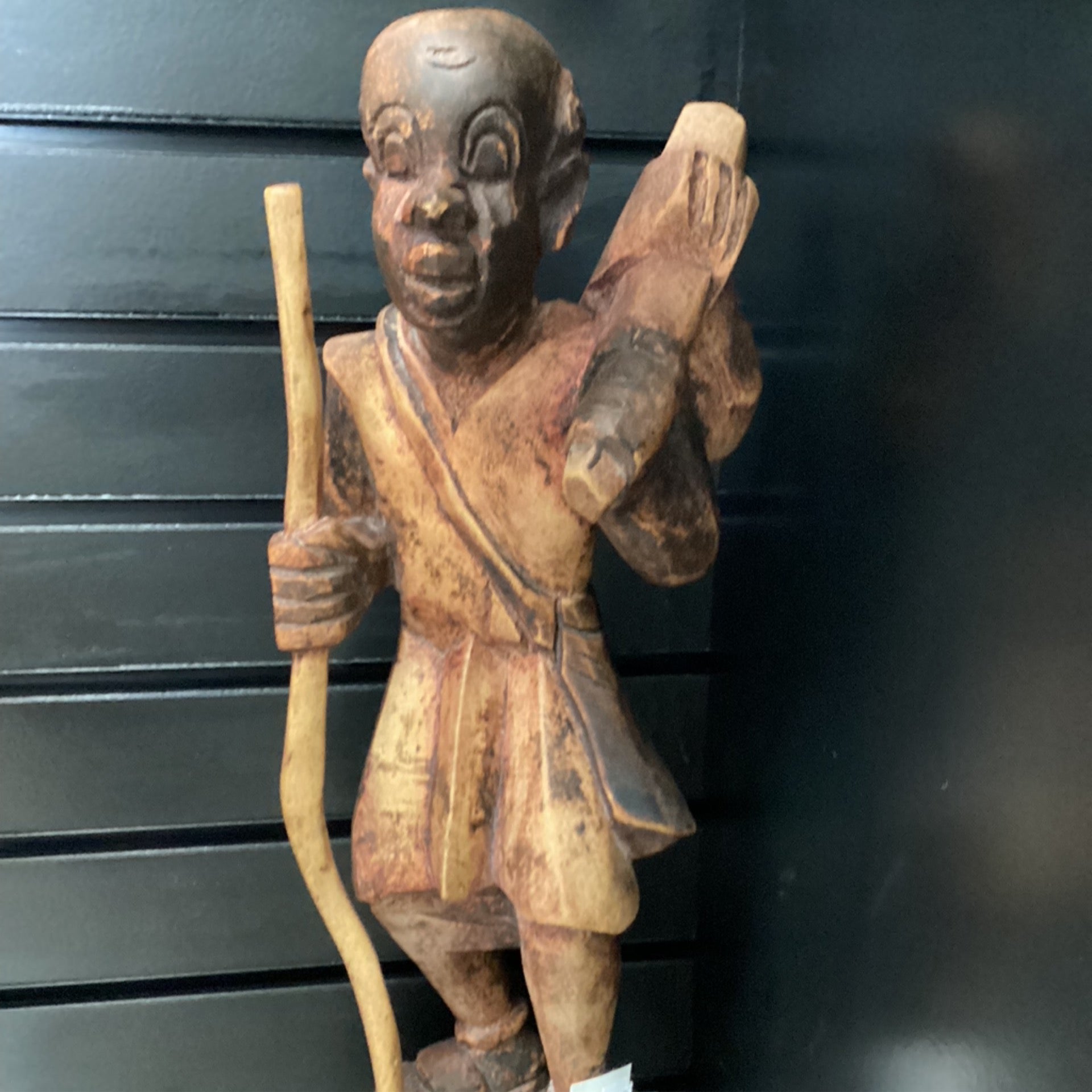 Hand Carved Village Man Hunter w/Walking stick Statue (shelf 4)